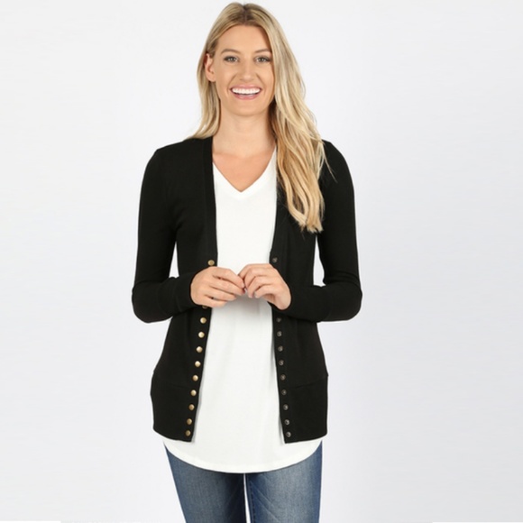 Black Snap Button Long Sleeve Cardigan - Picture 3 of 7